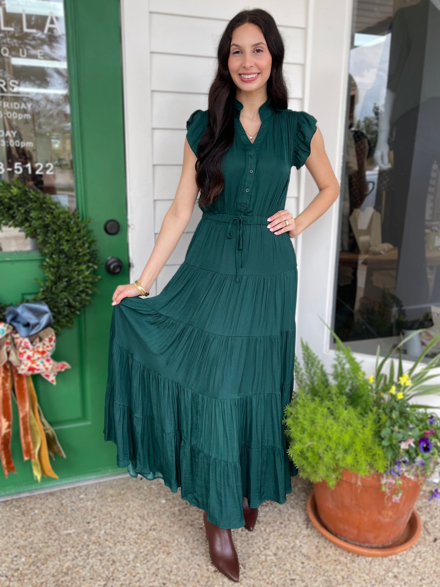 HUNTER GREEN SATIN TIERED MAXI DRESS