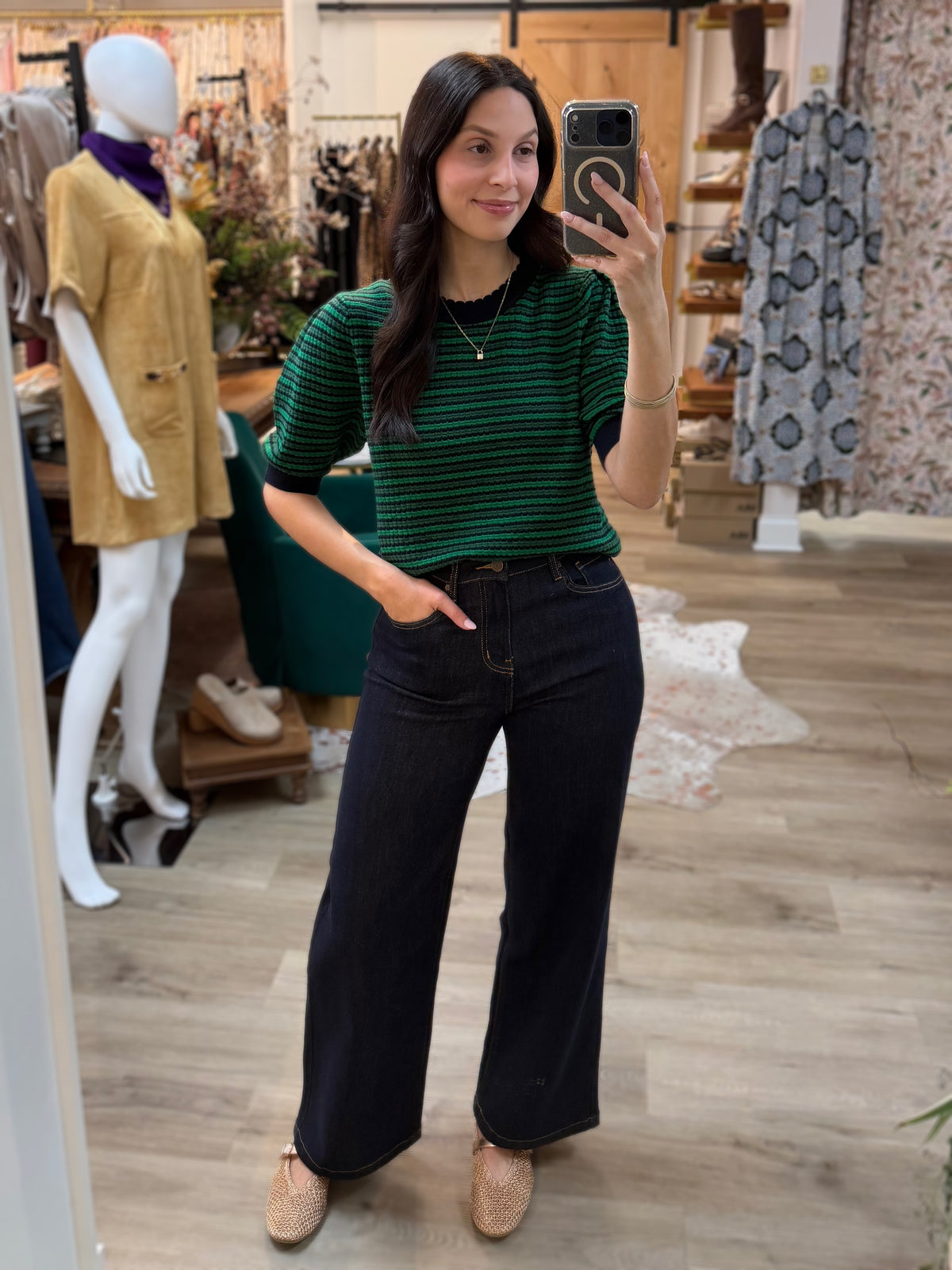 NAVY/GREEN STRIPE CONTRAST DETAIL SHORT PUFF SLEEVE SWEATER