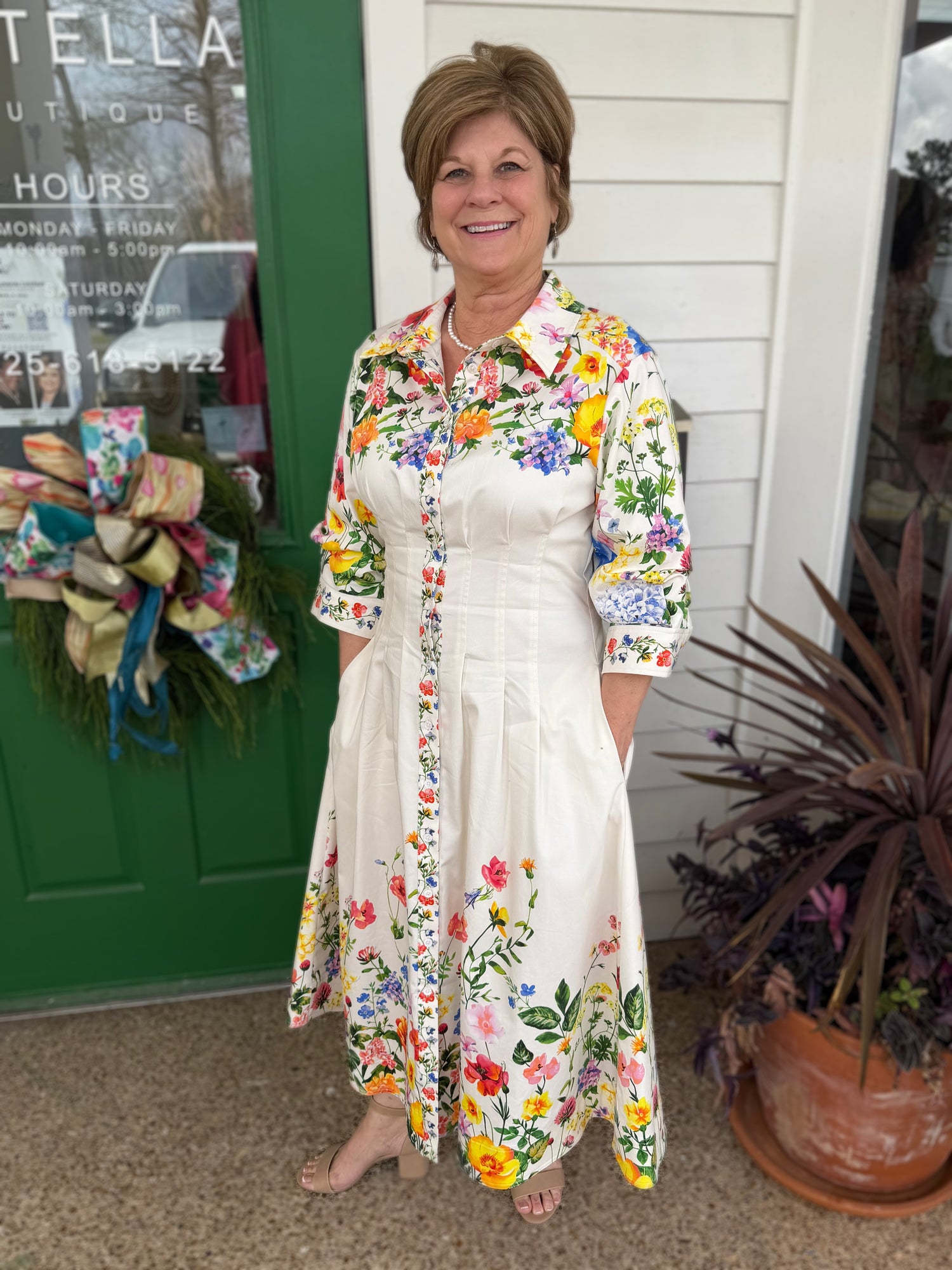 CREAM MULTI FLORAL PRINT 3/4 SLEEVE BUTTON DOWN MIDI DRESS