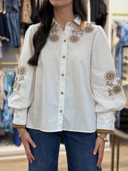 WHITE &amp; BROWN FLORAL EMBROIDERY LONG PUFF SLEEVE BUTTON UP TOP
