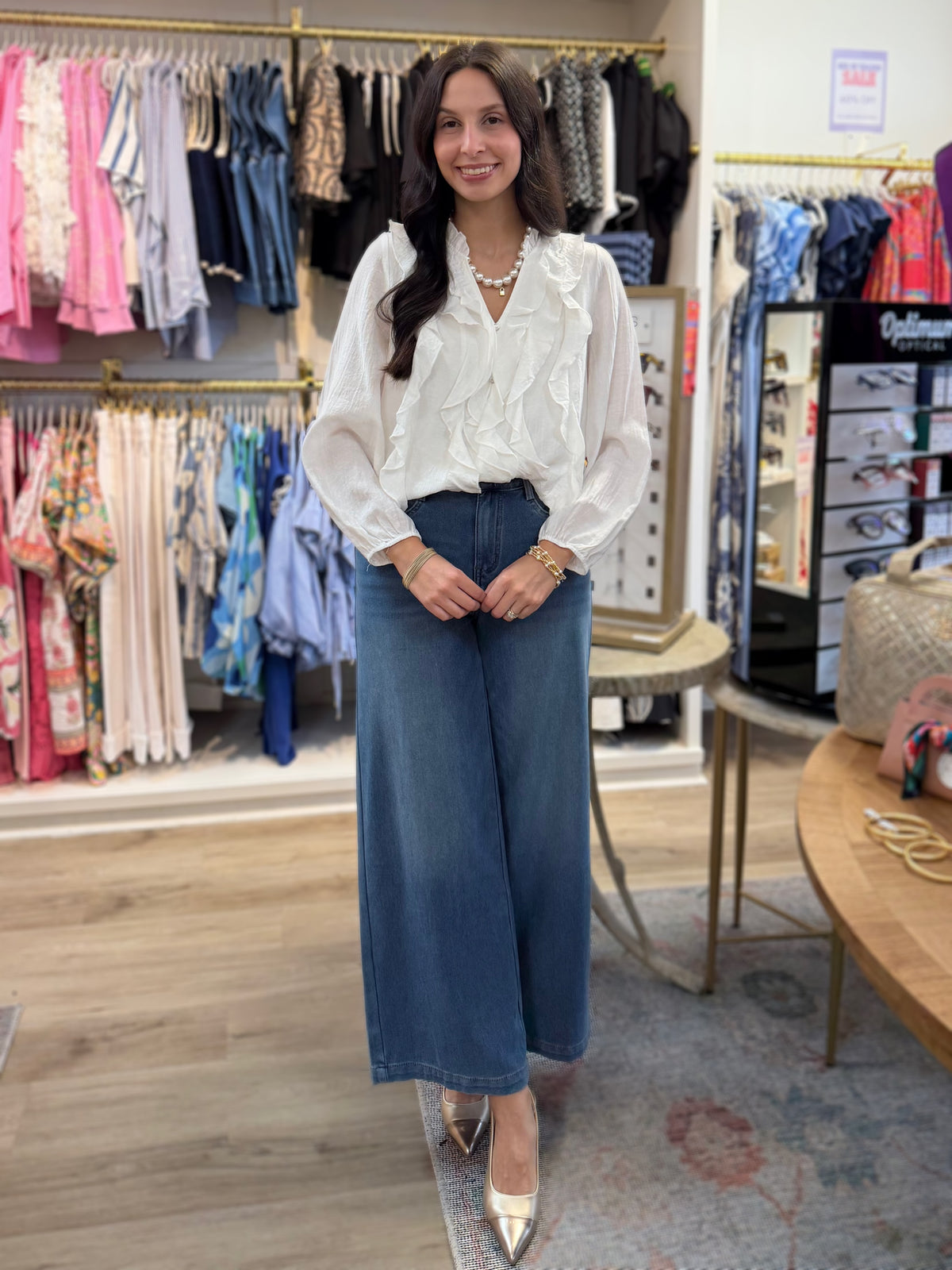 WHITE DRAPED RUFFLE VNECK LONG SLEEVE TOP