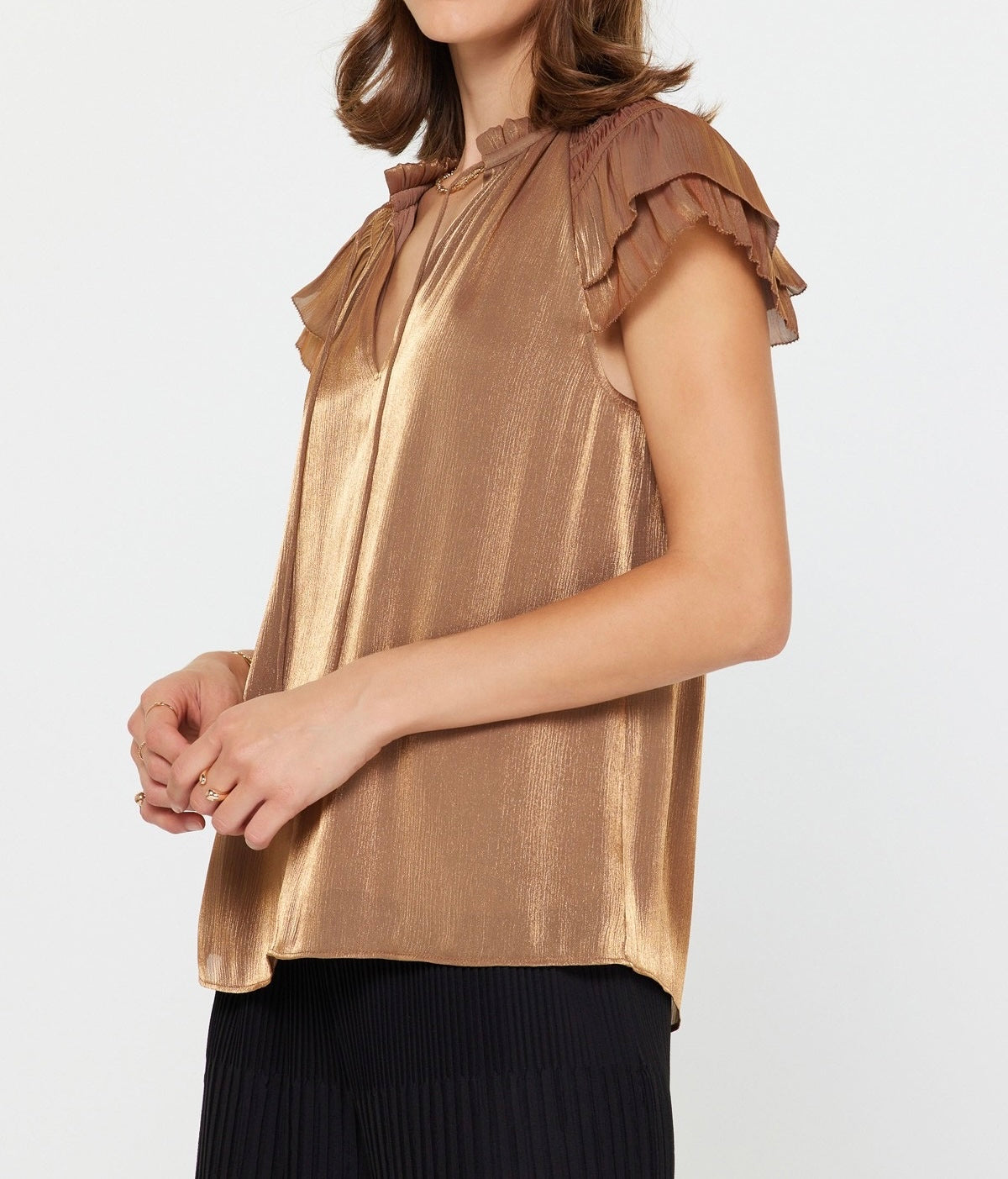 METALLIC GOLD TIE NECK RUFFLE SLEEVE TOP