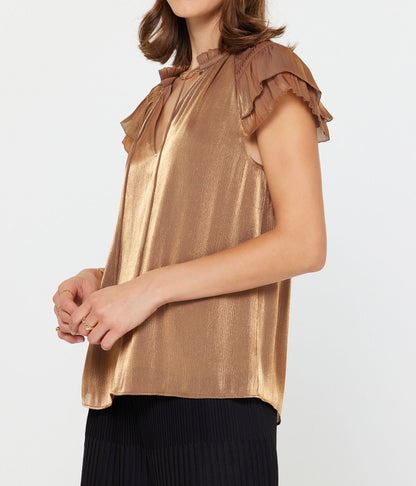 METALLIC GOLD TIE NECK RUFFLE SLEEVE TOP