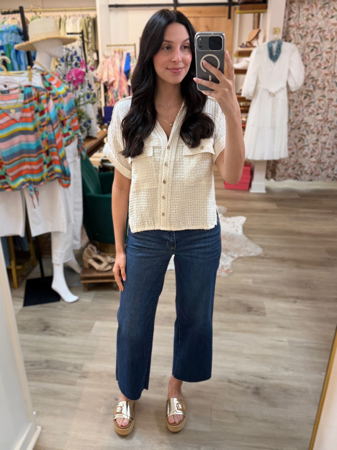 NATURAL BREEZY CRINKLE GAUZE SHORT SLEEVE BUTTON UP TOP