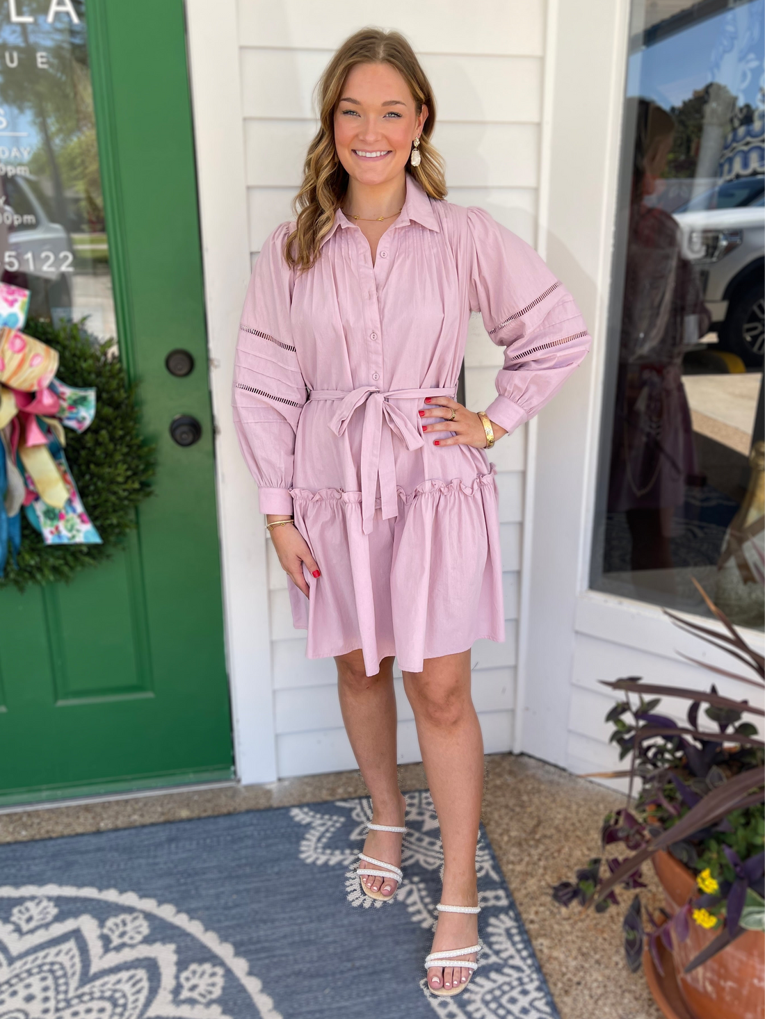 LAVENDER FOG POPLIN EYELET BUTTON UP BALLOON SLEEVE DRESS