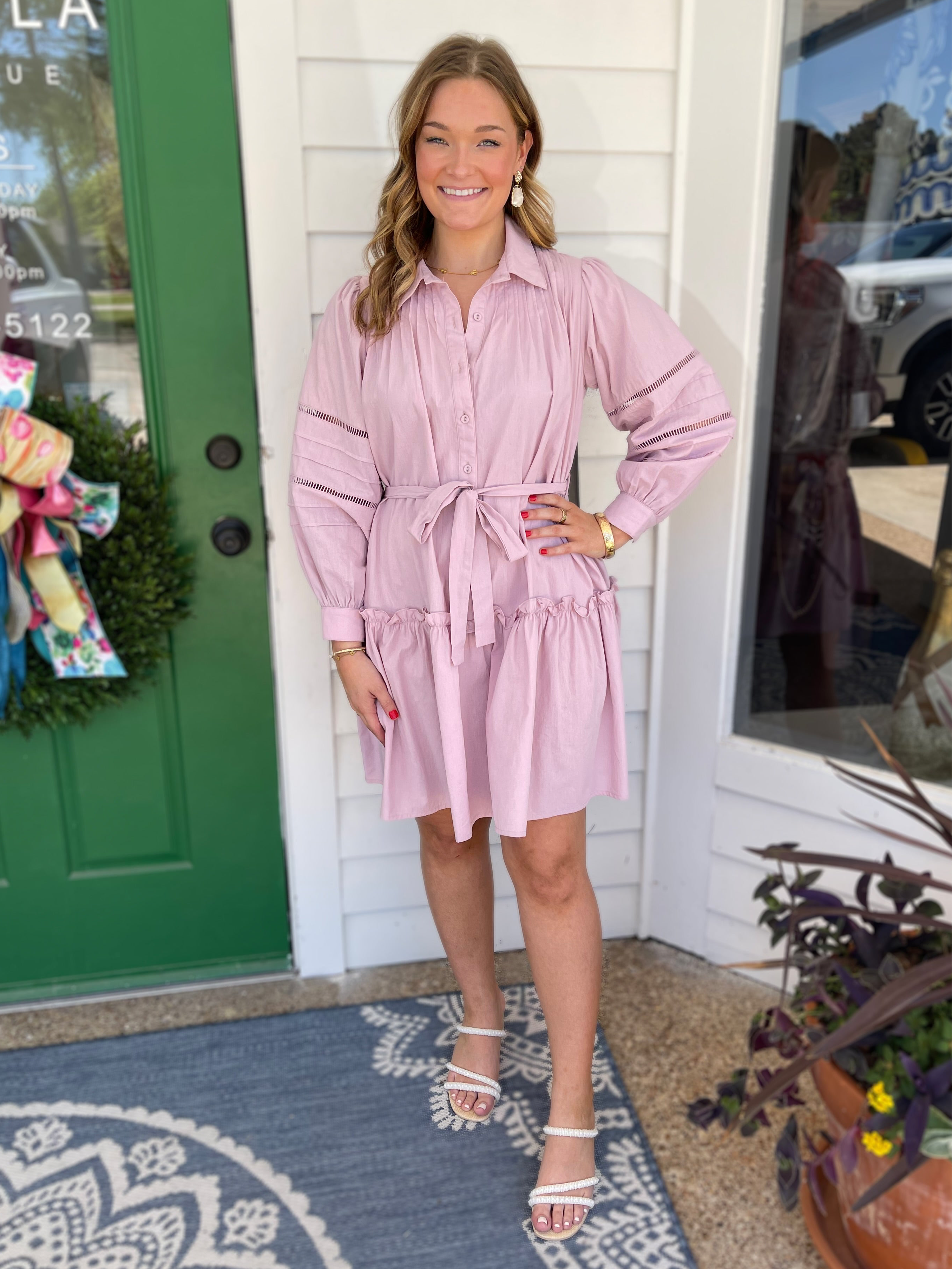 LAVENDER FOG POPLIN EYELET BUTTON UP BALLOON SLEEVE DRESS