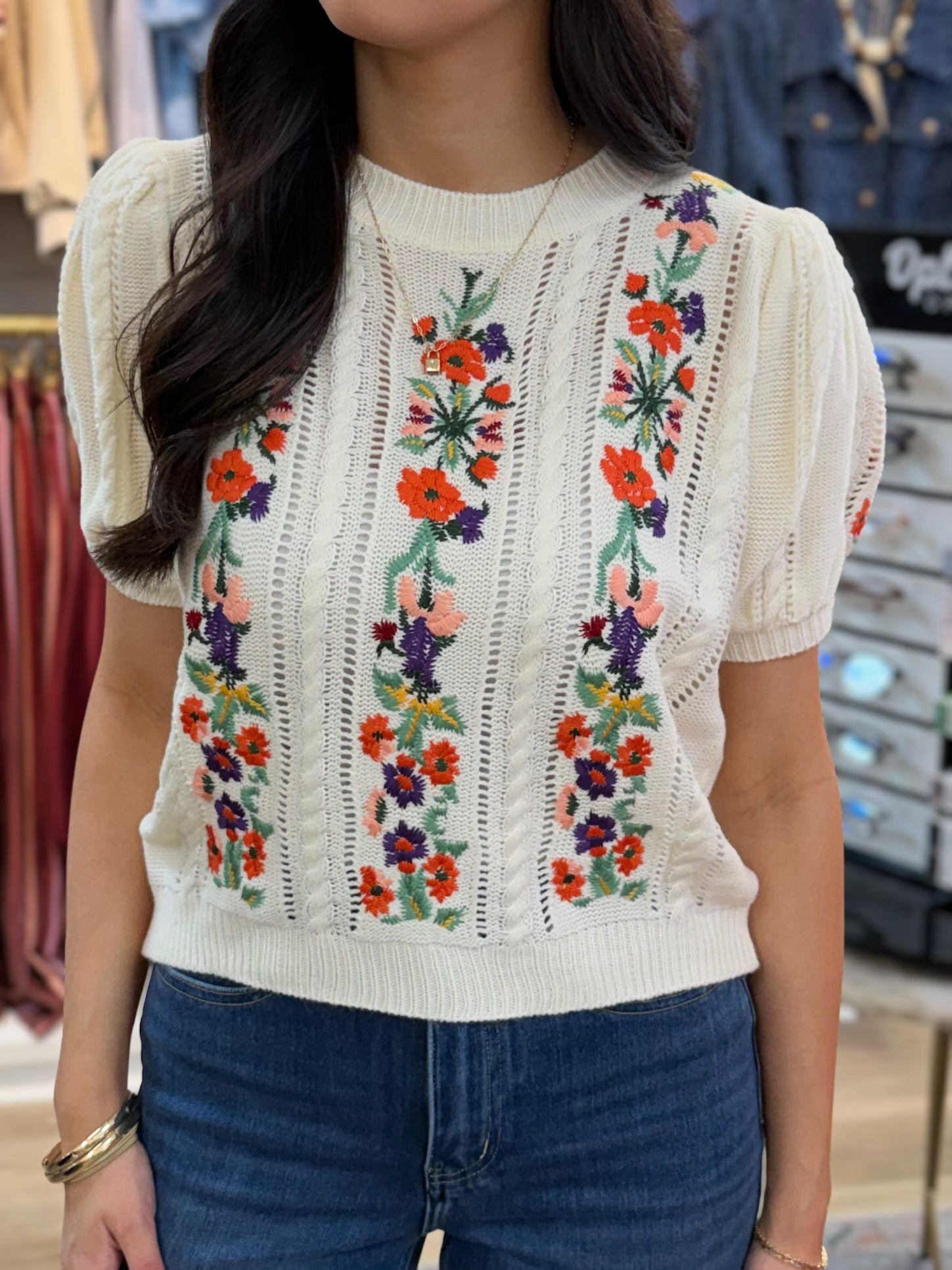 CREAM MULTI FLORAL EMBROIDERED POINTELLE KNITTED TOP