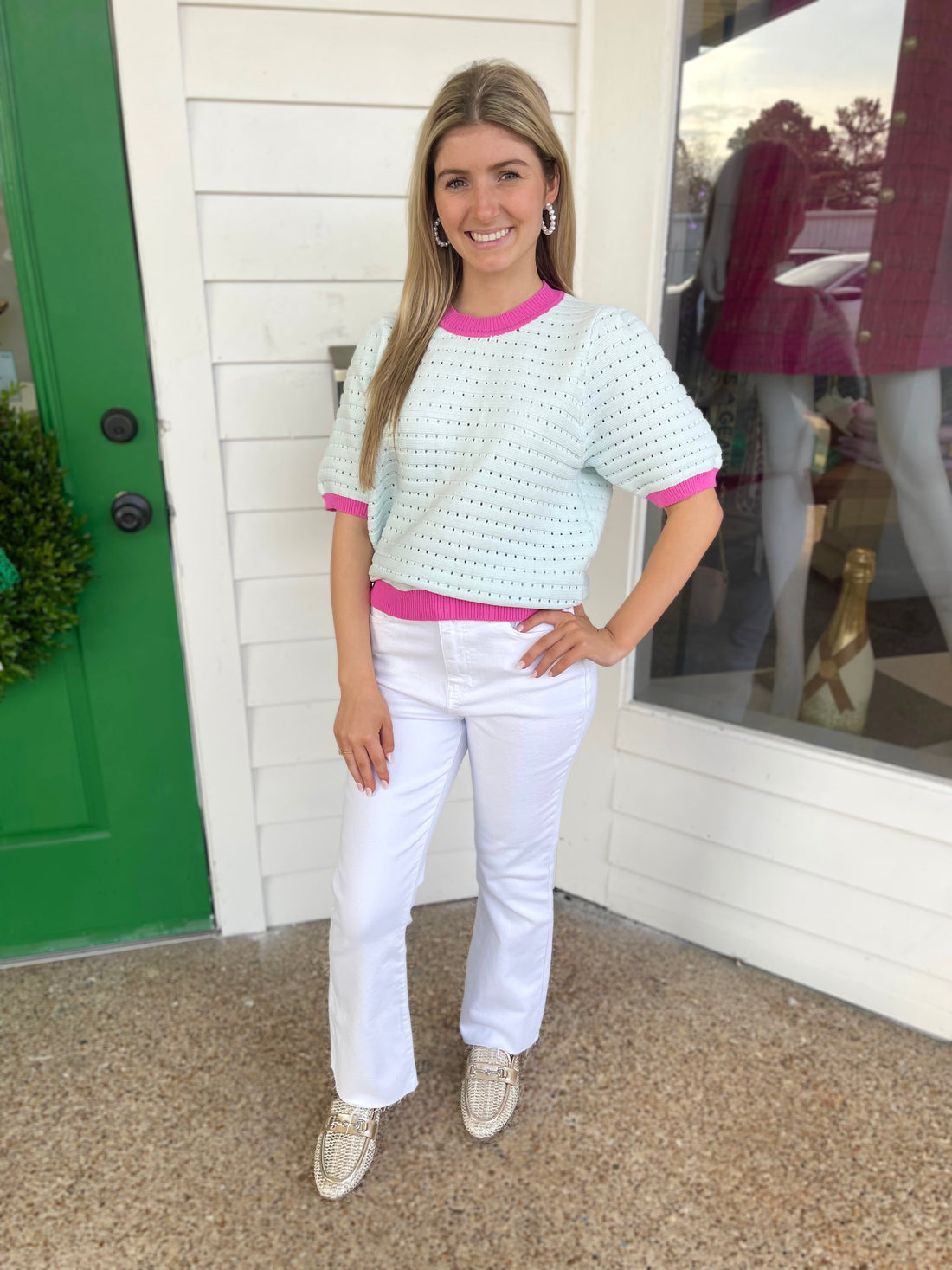 LIGHT BLUE/MAGENTA CONTRAST BAND PUFF SLEEVE SWEATER