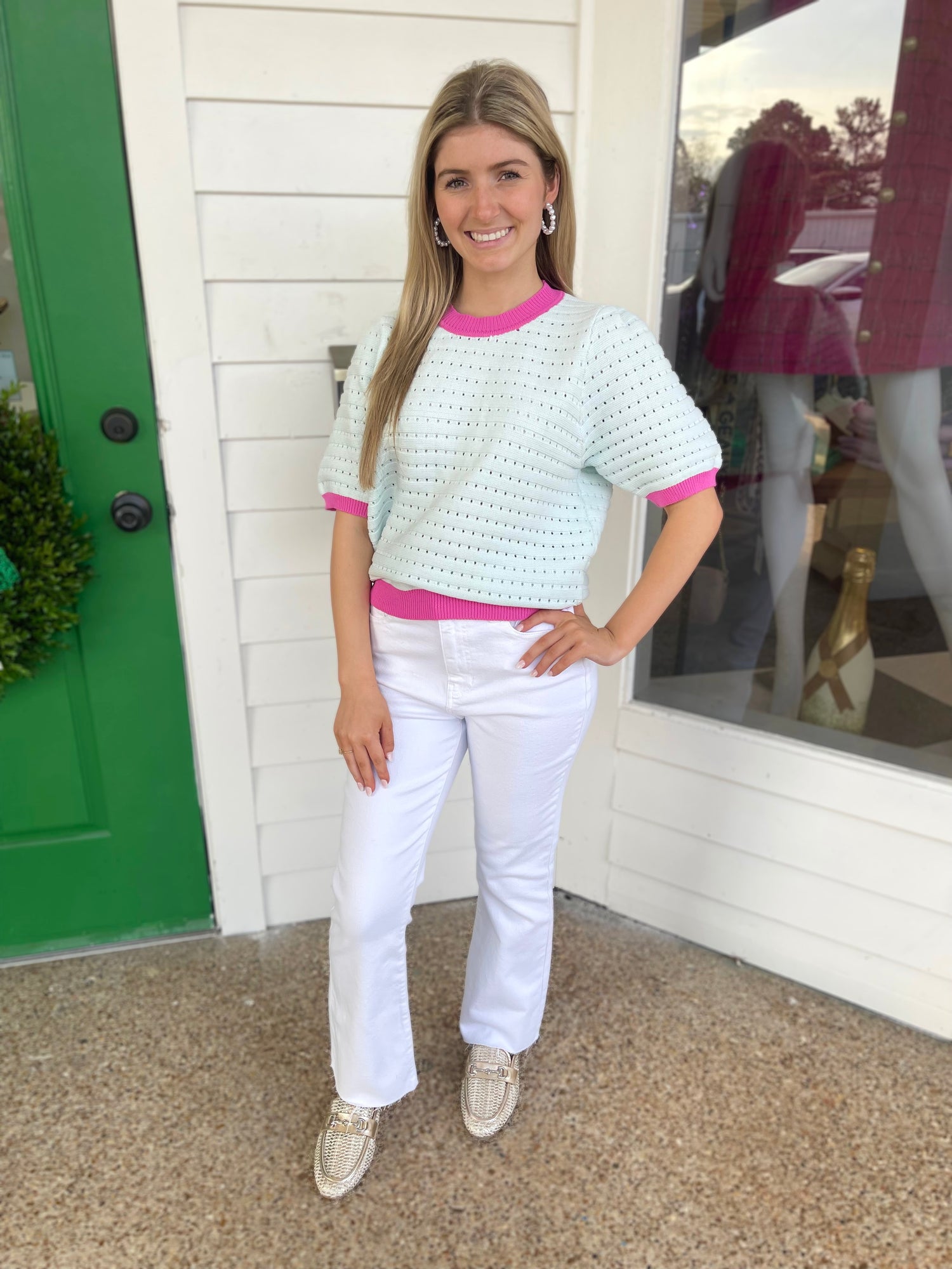 LIGHT BLUE/MAGENTA CONTRAST BAND PUFF SLEEVE SWEATER