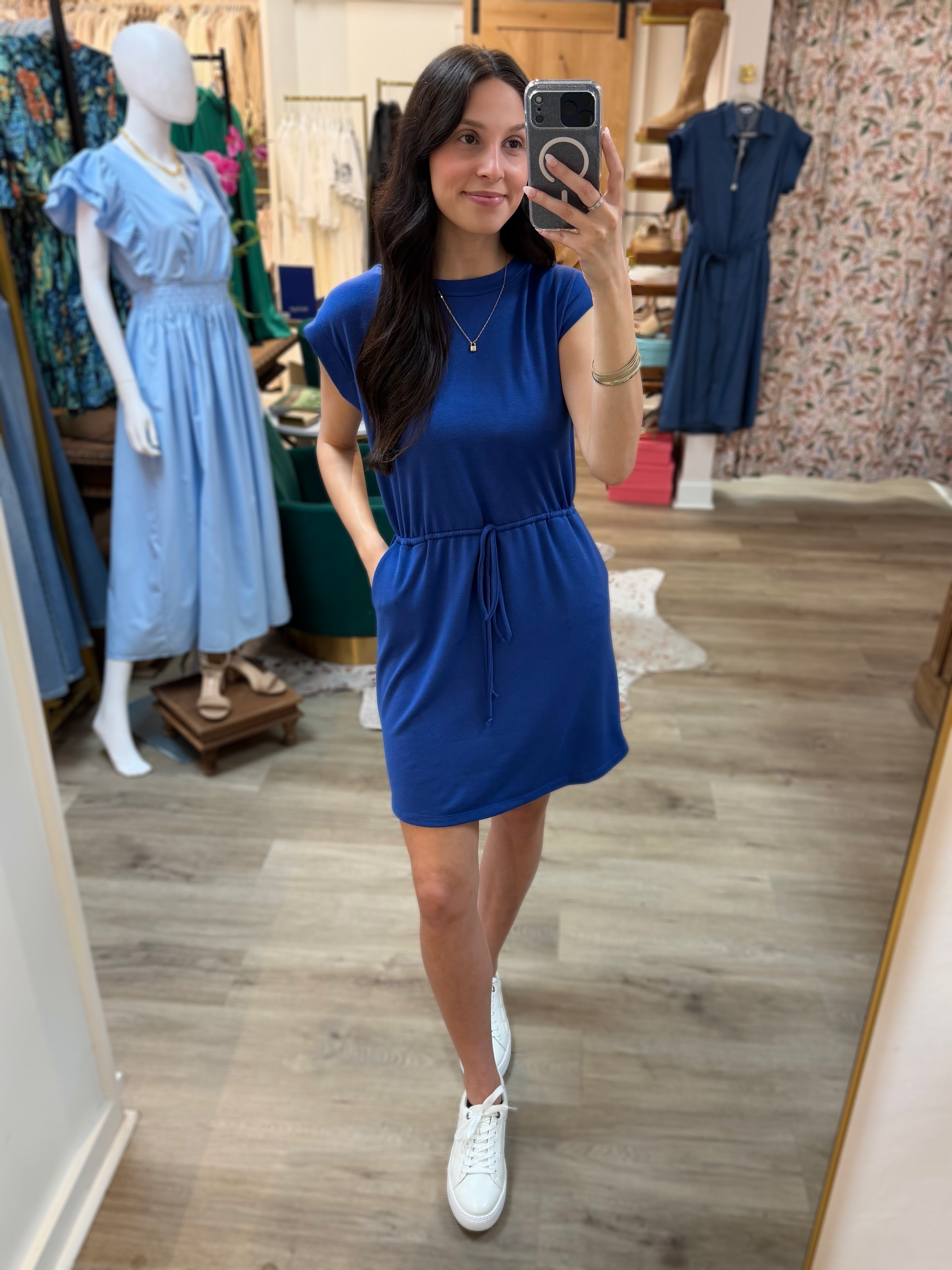 ROYAL BLUE DRAWSTRING WAIST TERRY MINI DRESS