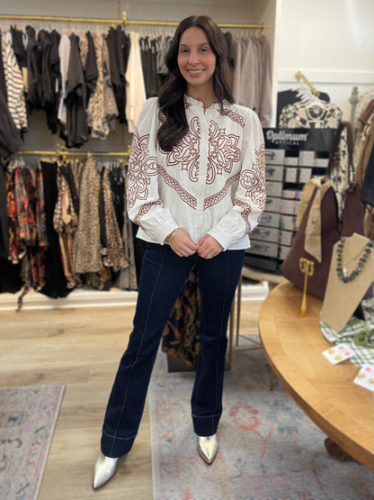 IVORY EMBROIDERED RUFFLED MOCK NECK BUTTON UP TOP