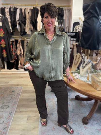 OLIVE BUTTON UP LONG FLOWY BATWING SLEEVE TOP