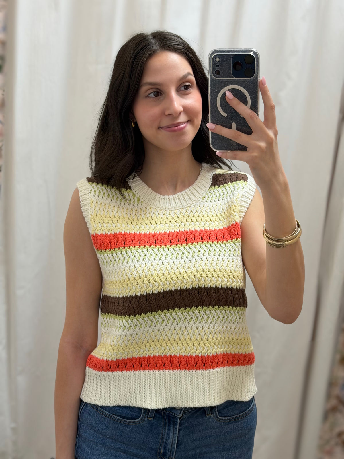CREAM MULTI STRIPE SLEEVELESS KNIT SWEATER TOP