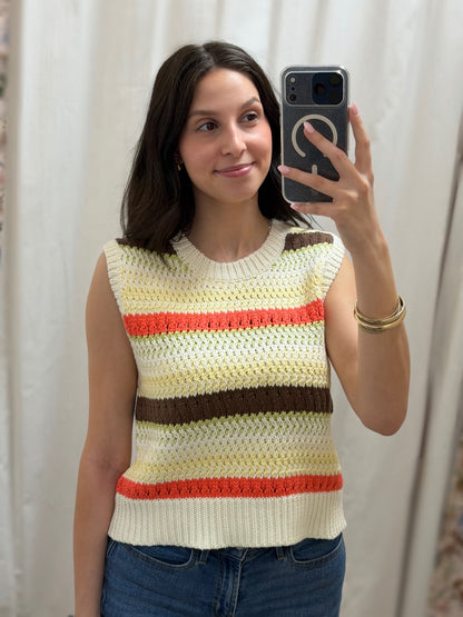 CREAM MULTI STRIPE SLEEVELESS KNIT SWEATER TOP