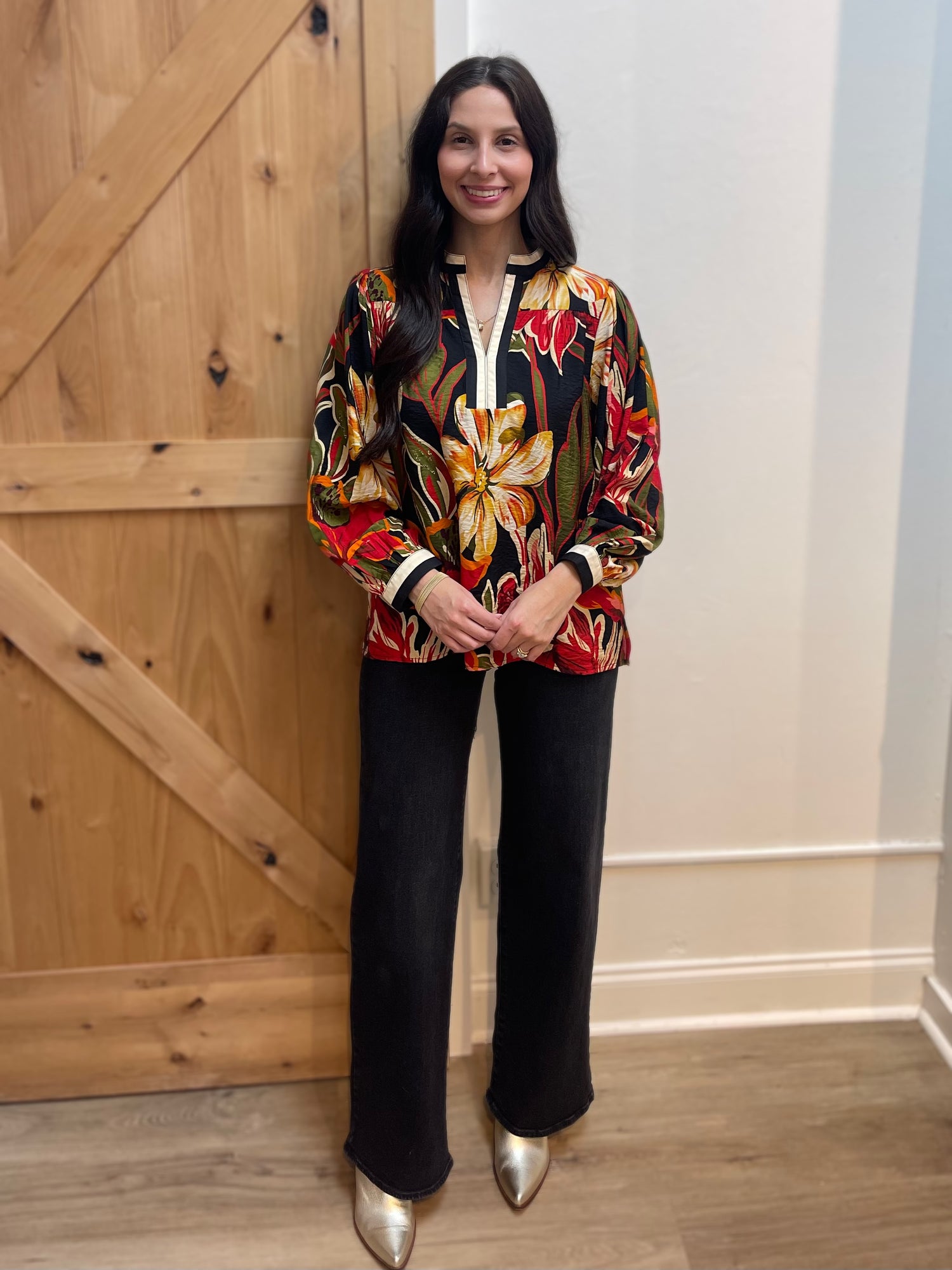 BLACK MIX FLORAL PRINT STANDING COLLAR LONG SLEEVE TOP