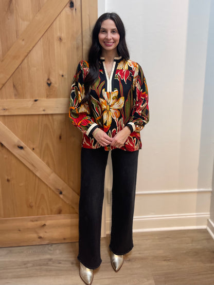 BLACK MIX FLORAL PRINT STANDING COLLAR LONG SLEEVE TOP