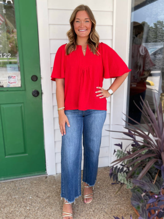 RED SLIT NECK HALF CAPE SLEEVE FLOWY BLOUSE
