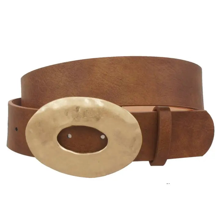 DARK COGNAC GOLD METAL OVAL BUCKLE BELT