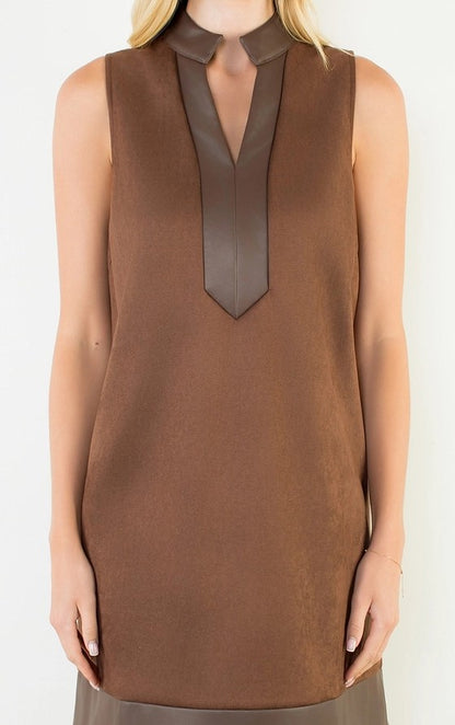 BROWN SUEDE &amp; LEATHER TRIM SLEEVELESS MINI DRESS
