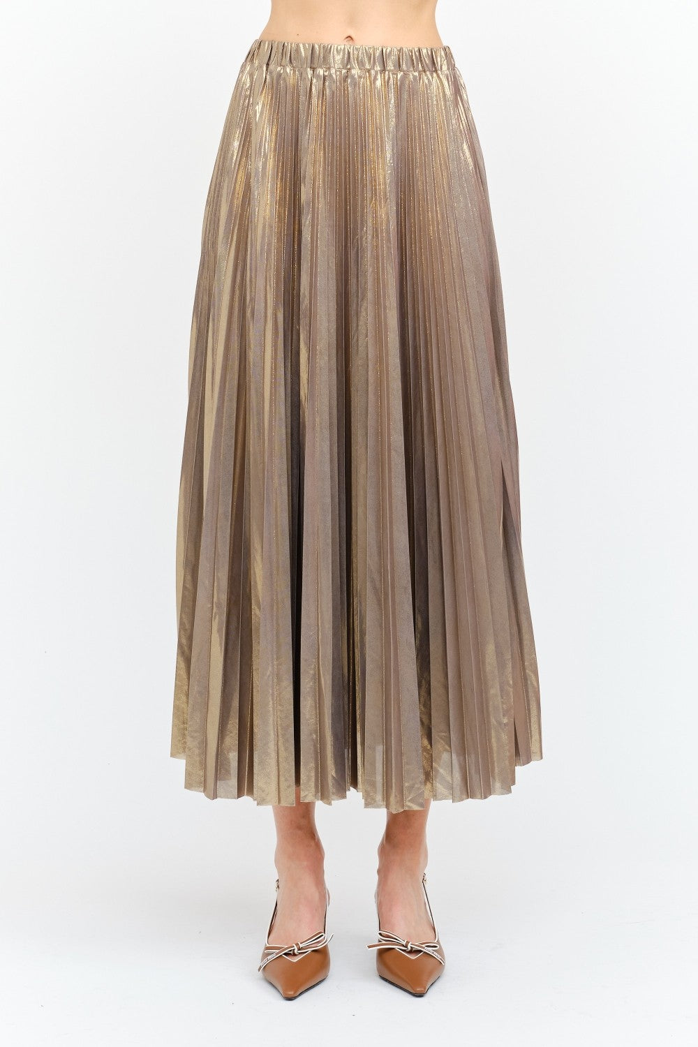 GUNMETAL GOLD METALLIC LAME PLEATED ALESSANDRA MIDI SKIRT