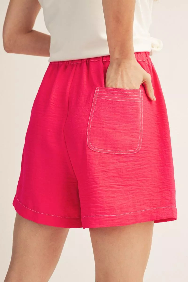 FUCHSIA CRINKLE FABRIC CONTRAST STITCH ELASTIC WAIST SHORTS