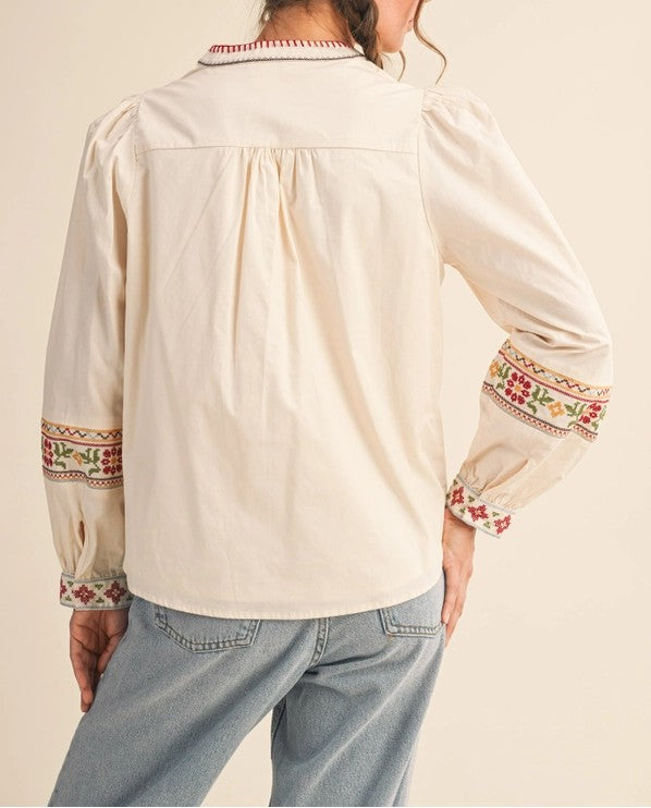 ECRU FLORAL CROSS STITCH EMBROIDERY DETAIL LONG PUFF SLEEVE TOP