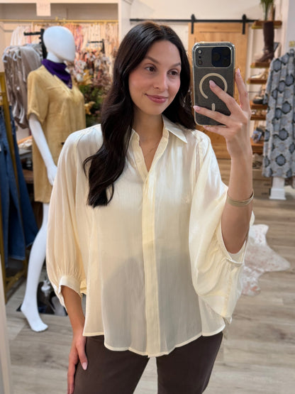 IVORY METALLIC OVERSIZED BUTTON UP DOLMAN SLEEVE TOP