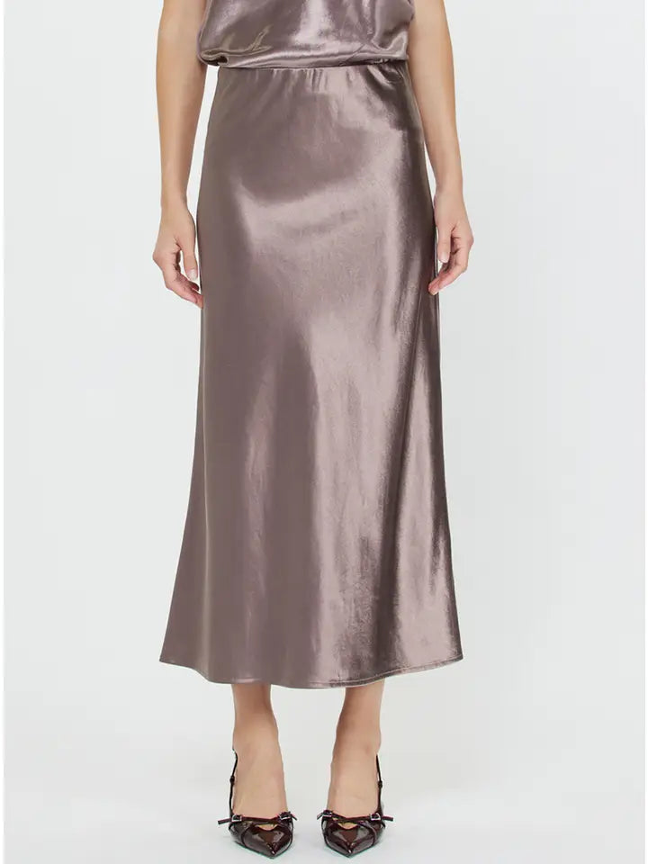 MAUVE/PEWTER SATIN SLIP MIDI SKIRT