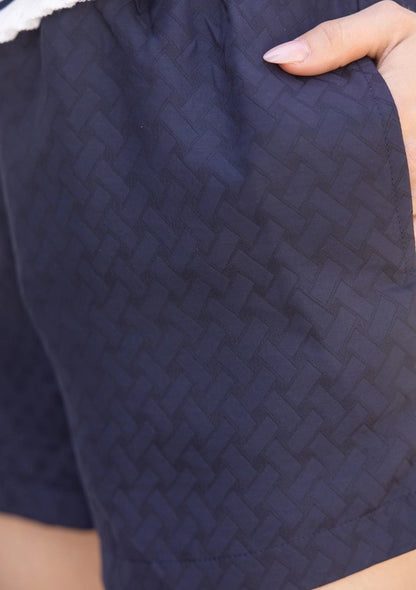 NAVY HIGH WAISTED PAPERBAG TEXTURED WOVEN SHORTS