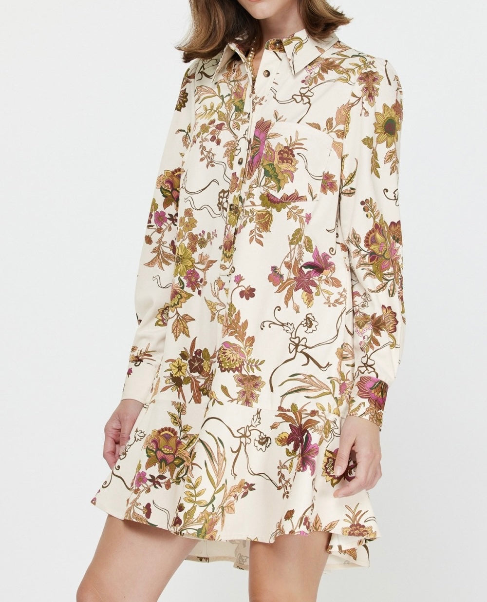 MAUVE MULTI FLORAL PRINT HALF BUTTON LONG SLEEVE FINE WALE CORDUROY MINI DRESS