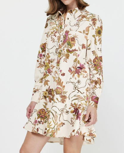 MAUVE MULTI FLORAL PRINT HALF BUTTON LONG SLEEVE FINE WALE CORDUROY MINI DRESS