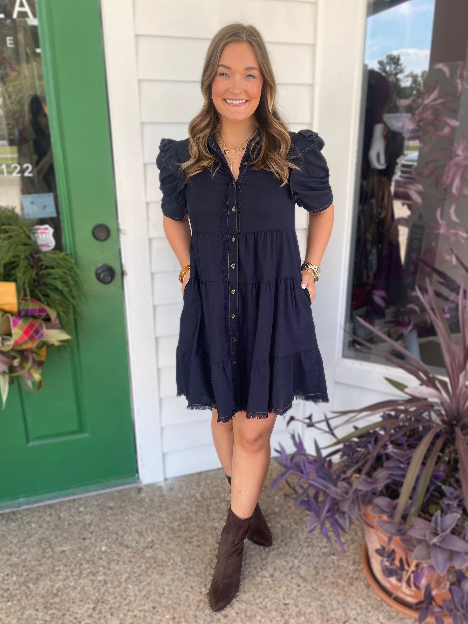 DARK NAVY LINEN BUTTON UP TIERED FRAYED HEM MINI DRESS