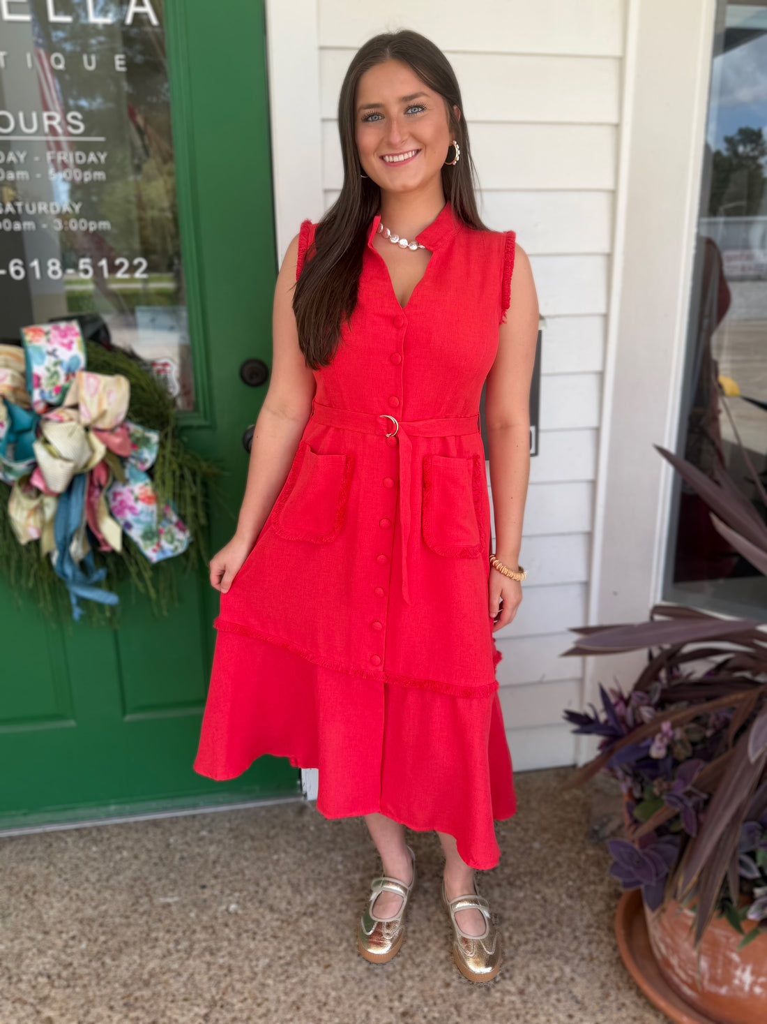 RED COLLARED BUTTON UP SLEEVELESS FRINGE DETAIL MIDI DRESS