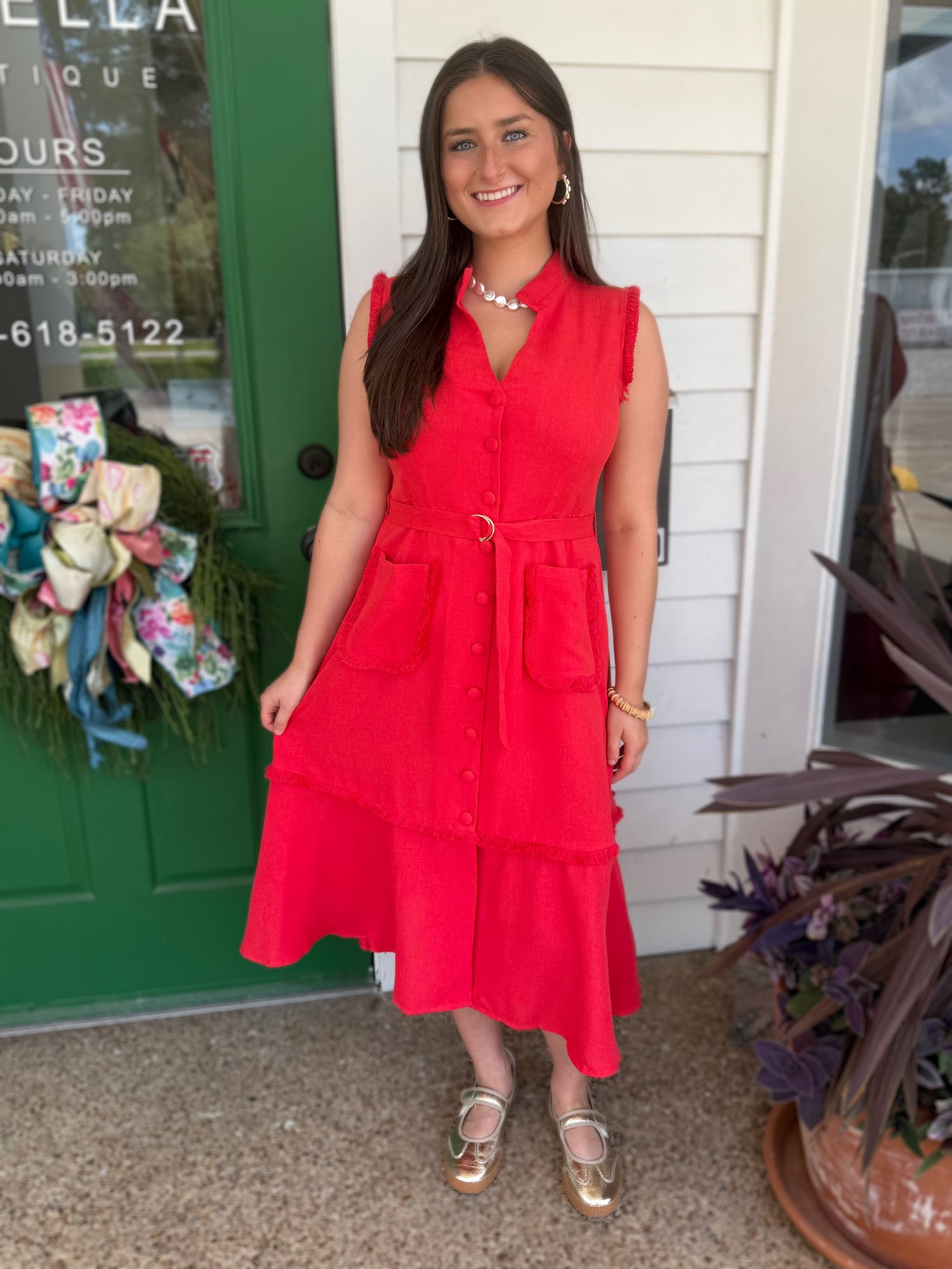 RED COLLARED BUTTON UP SLEEVELESS FRINGE DETAIL MIDI DRESS