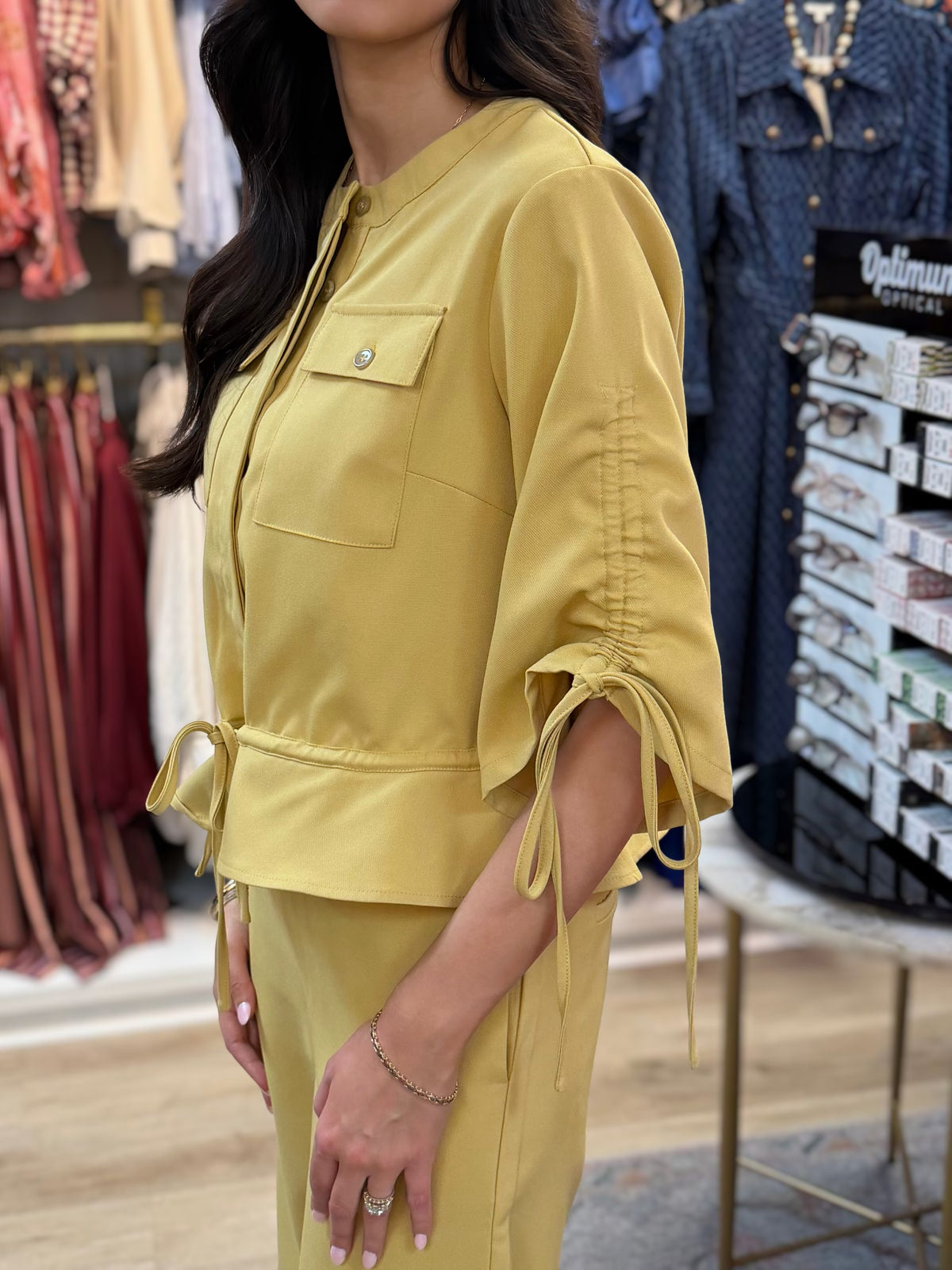 HONEY MUSTARD YELLOW 1/2 SLEEVE RUCHED SUITING TOP JACKET