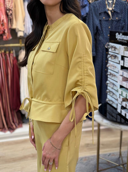 HONEY MUSTARD YELLOW 1/2 SLEEVE RUCHED SUITING TOP JACKET