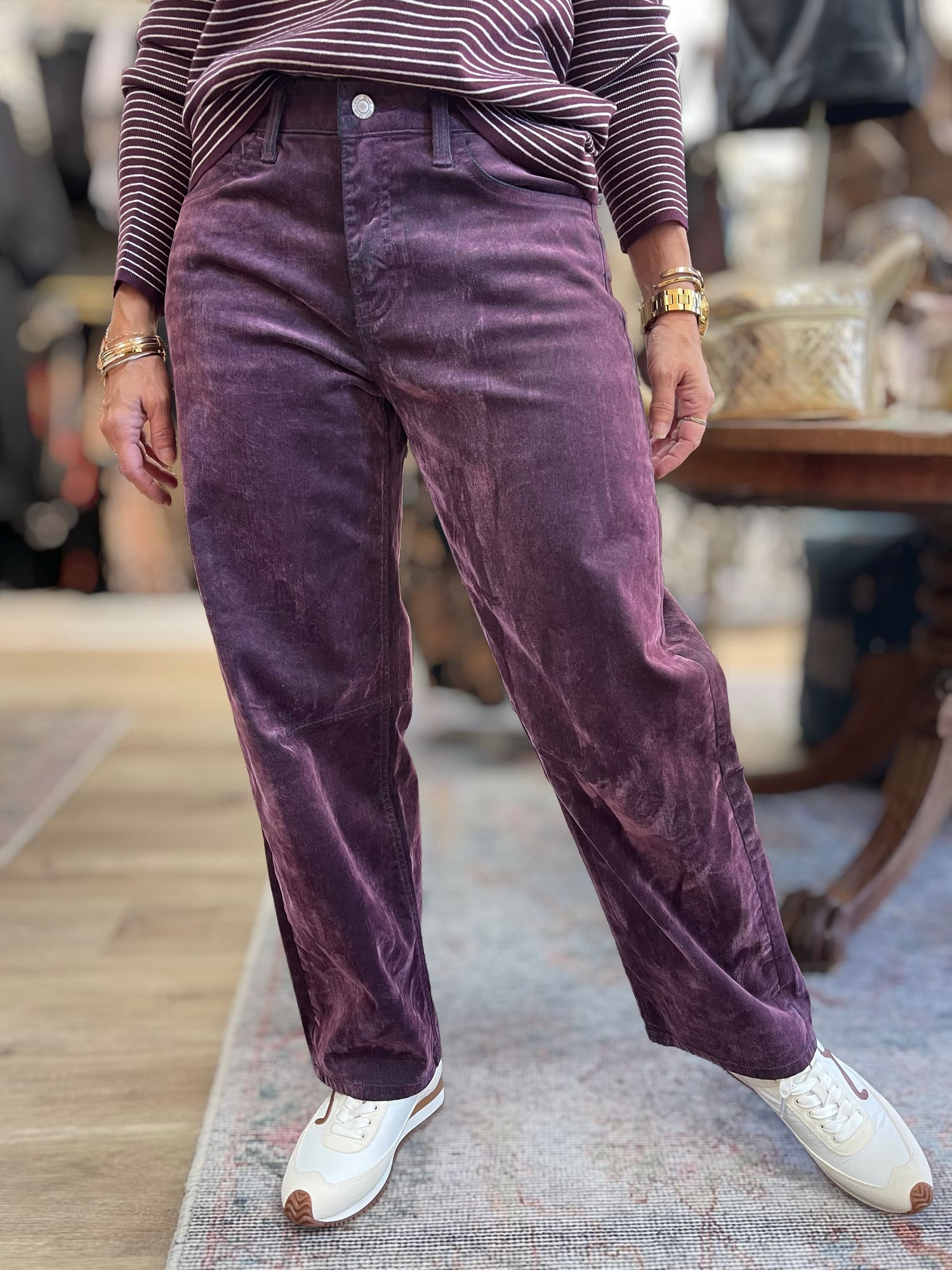 PURPLE FLOCKED HIGH RISE BARREL LEG JEANS