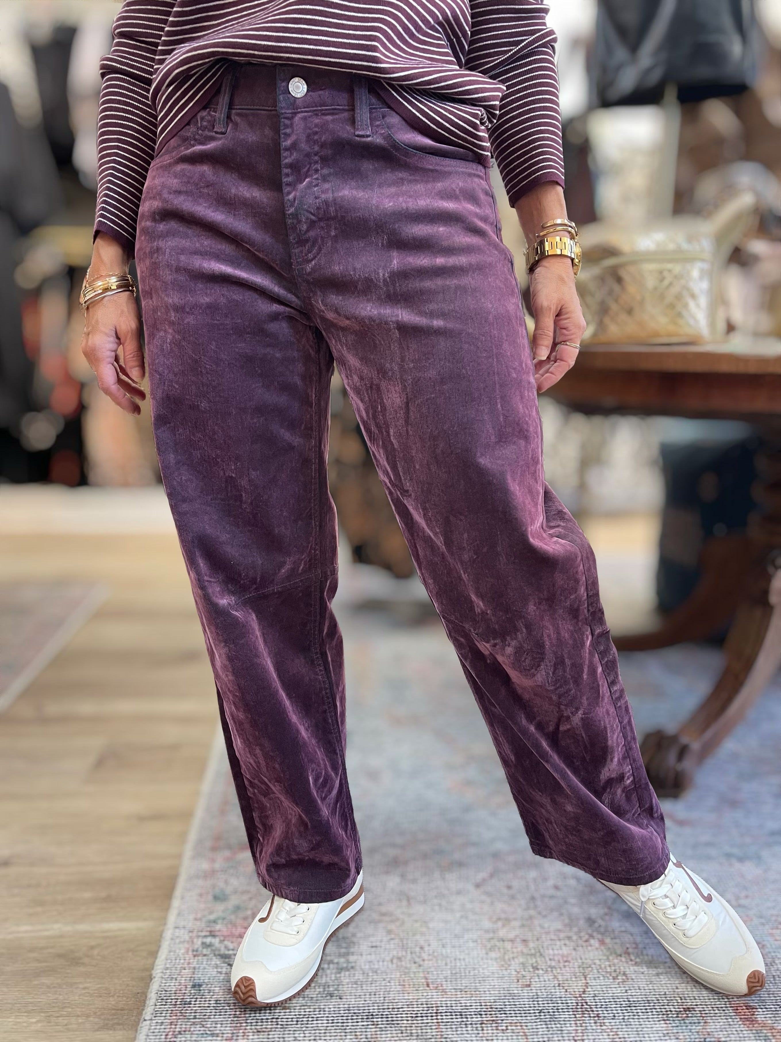 PURPLE FLOCKED HIGH RISE BARREL LEG JEANS