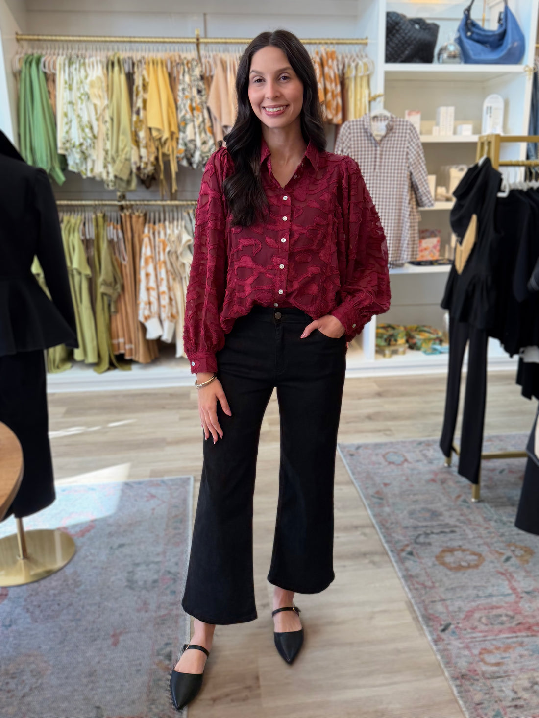 BURGUNDY SHEER EMBROIDERED TULLE LACE LONG PUFF SLEEVE BUTTON UP TOP