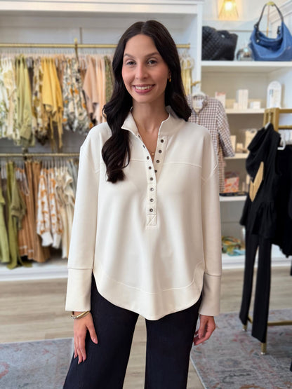 CLOUD WHITE GROMMET PLACKET LONG SLEEVE HENLEY TOP