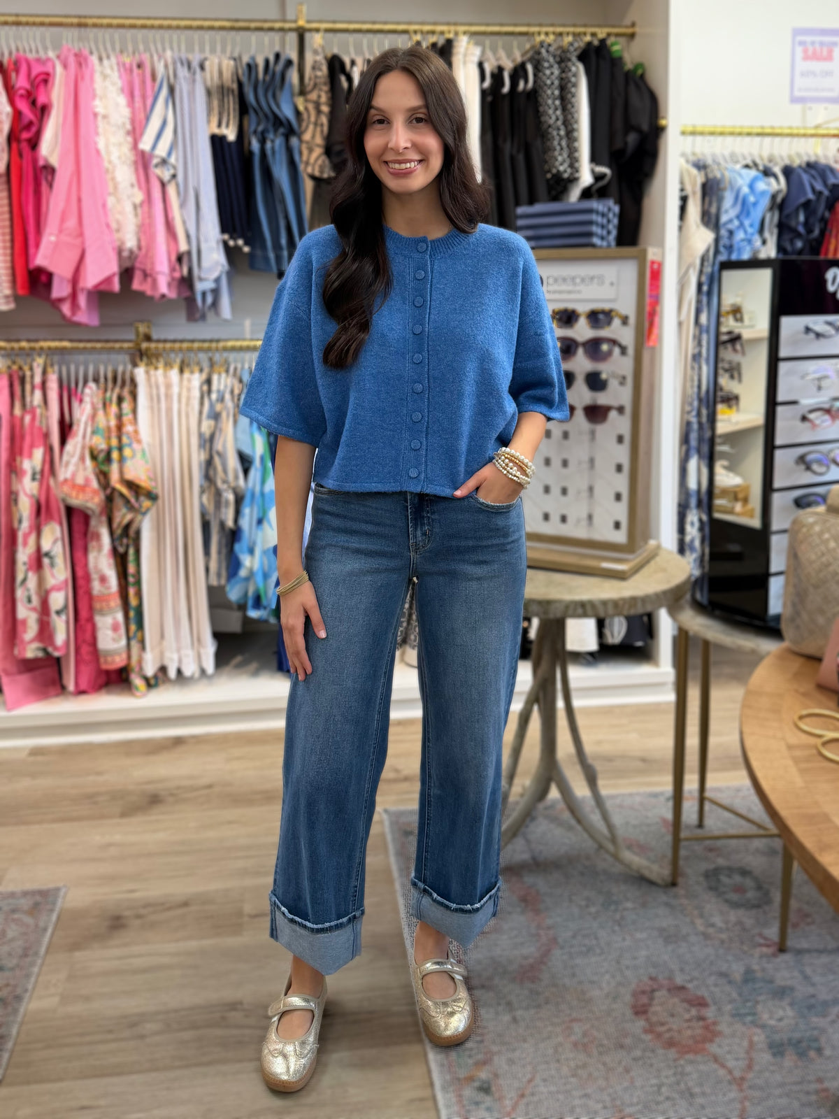 URBAN BLUE BUTTON UP SHORT SLEEVE SWEATER