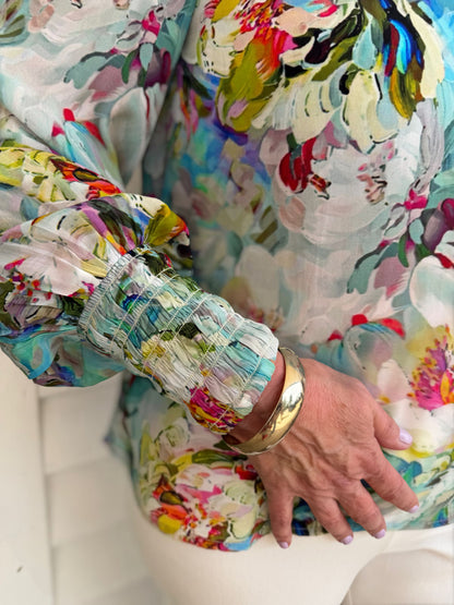 AQUA MULTI BRUSHSTROKE GARDEN PRINT LONG PUFF SLEEVE TOP