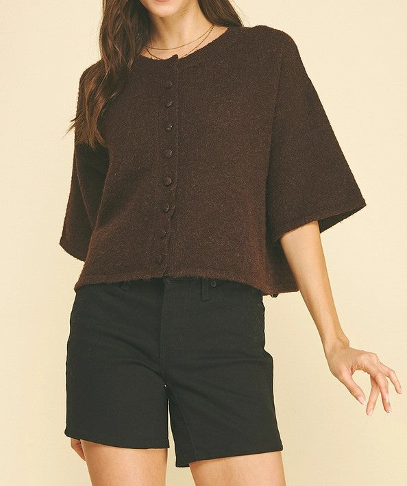 ESPRESSO BROWN BUTTON UP SHORT SLEEVE SWEATER