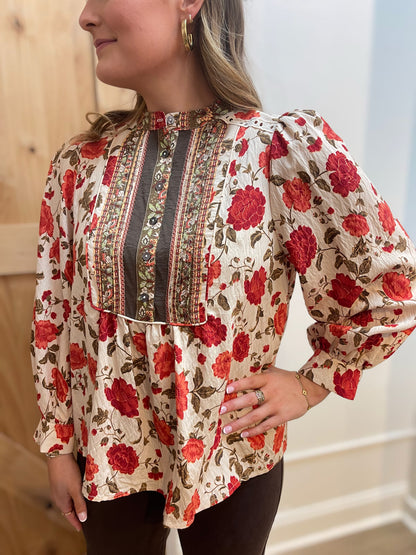 ECRU FLORAL PRINT LONG SLEEVE BLOUSE