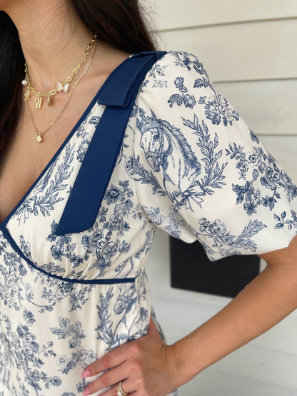 DARK NAVY FLORAL PRINT DEEP VNECK BUBBLE SLEEVE MAXI DRESS