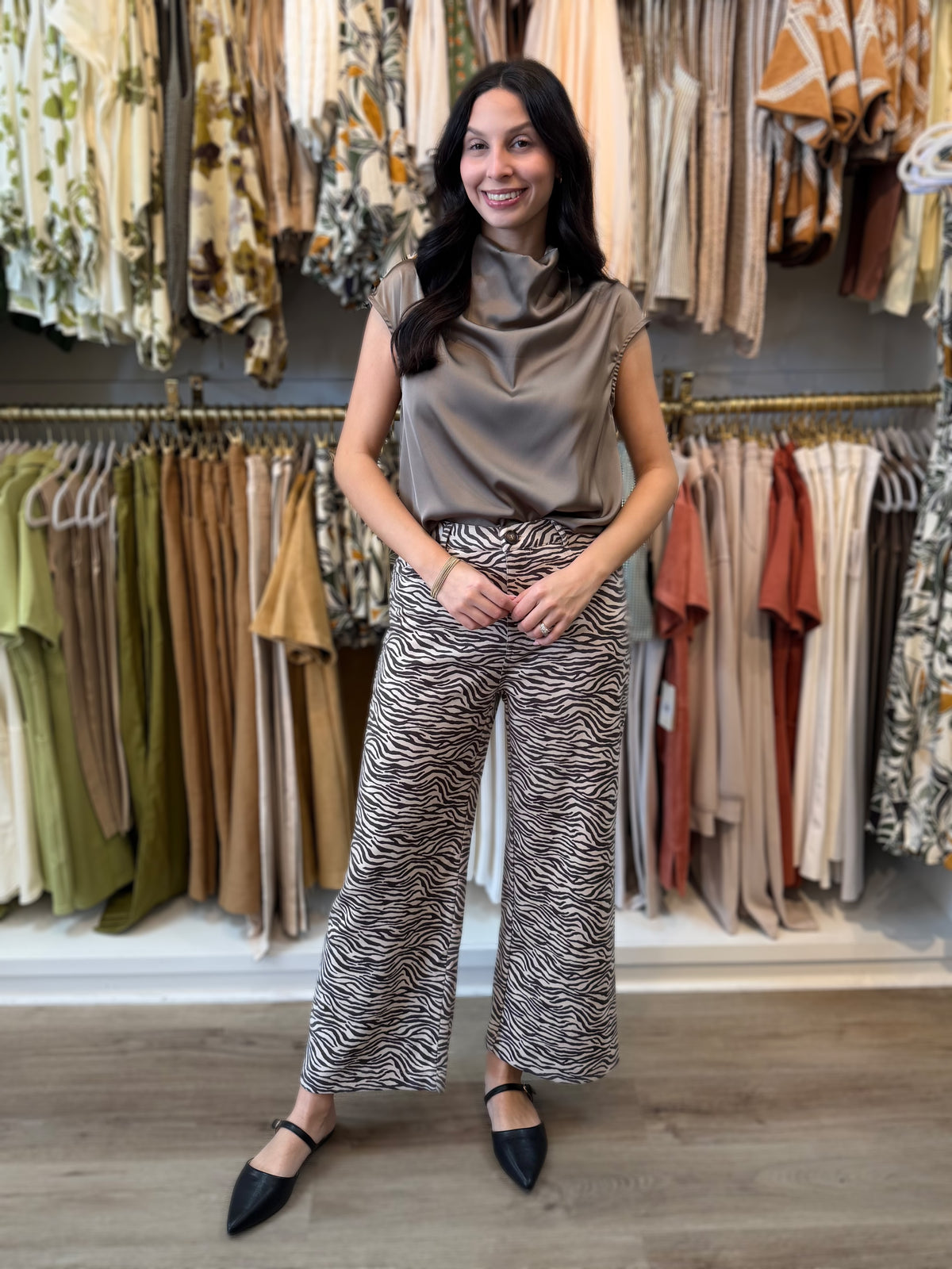 MOCHA SATIN COWL NECK SLEEVELESS TOP