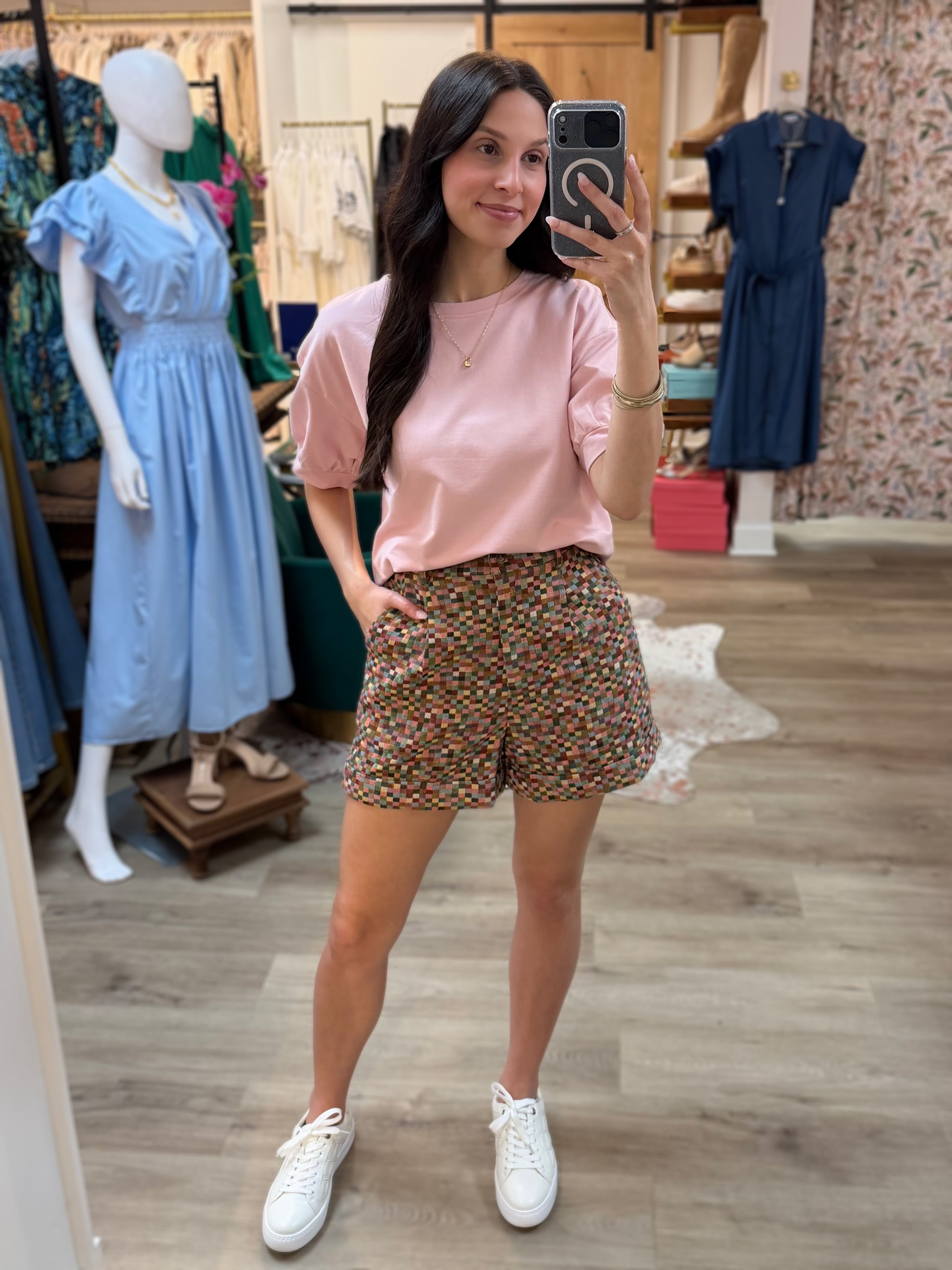 BABY PINK ROUND NECK SHORT PUFF SLEEVE TOP