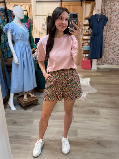 BABY PINK ROUND NECK SHORT PUFF SLEEVE TOP