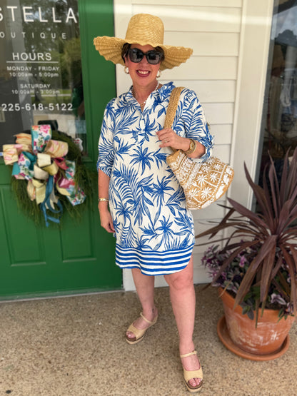BLUE SUMMER LEAF PRINT COLLARED SHIFT DRESS
