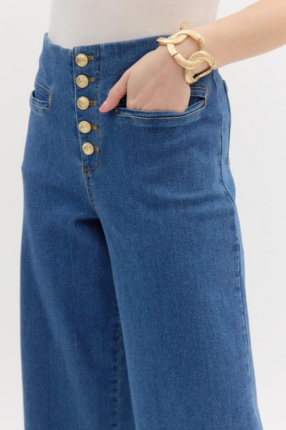 DENIM BLUE MID RISE CULOTTE PANT WITH EXPOSED BUTTONS